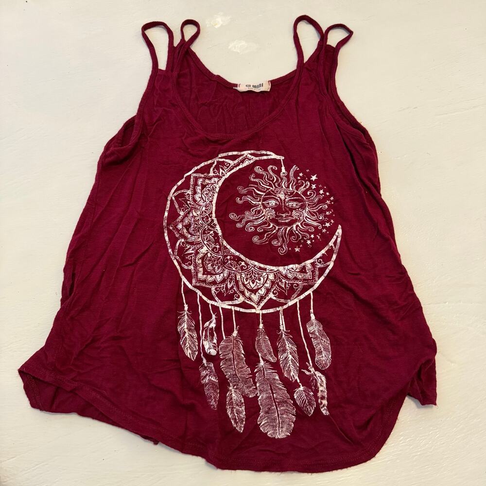 Celestial sun moon burgandy tank top yoga casual cozy size S Made in USA G Mini